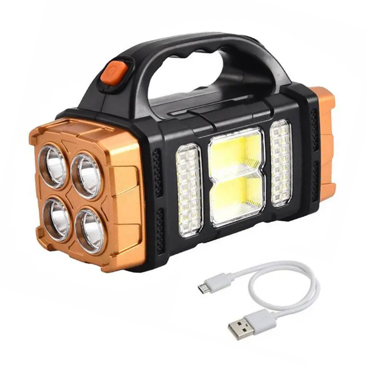 Oplaadbare zaklamp met zonne-energie en powerbank functie; perfect voor kamperen, outdoor avonturen en noodgevallen.