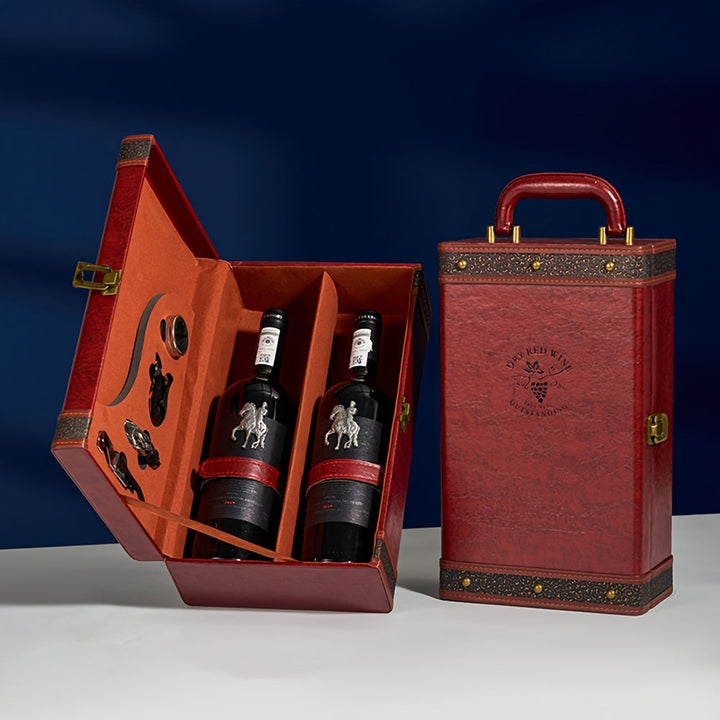 Stijlvolle 2-fles wijndrager van luxe PU leer, met veilige compartimenten voor accessoires.