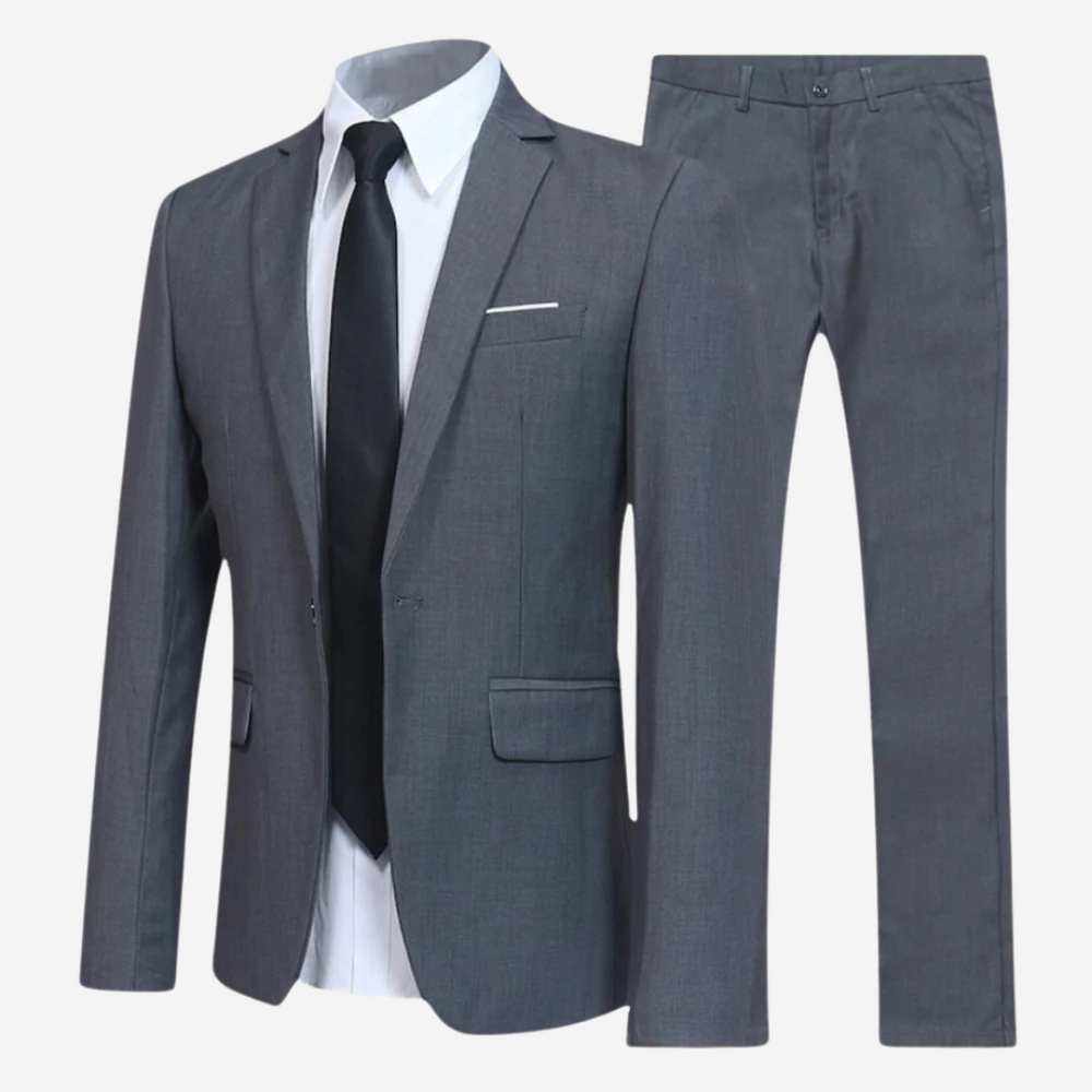 Stijlvol slim fit herenpak van Hoymans, perfect als zakelijk pak of elegant bruiloft kostuum. Tweedelig met colbert/pantalon.