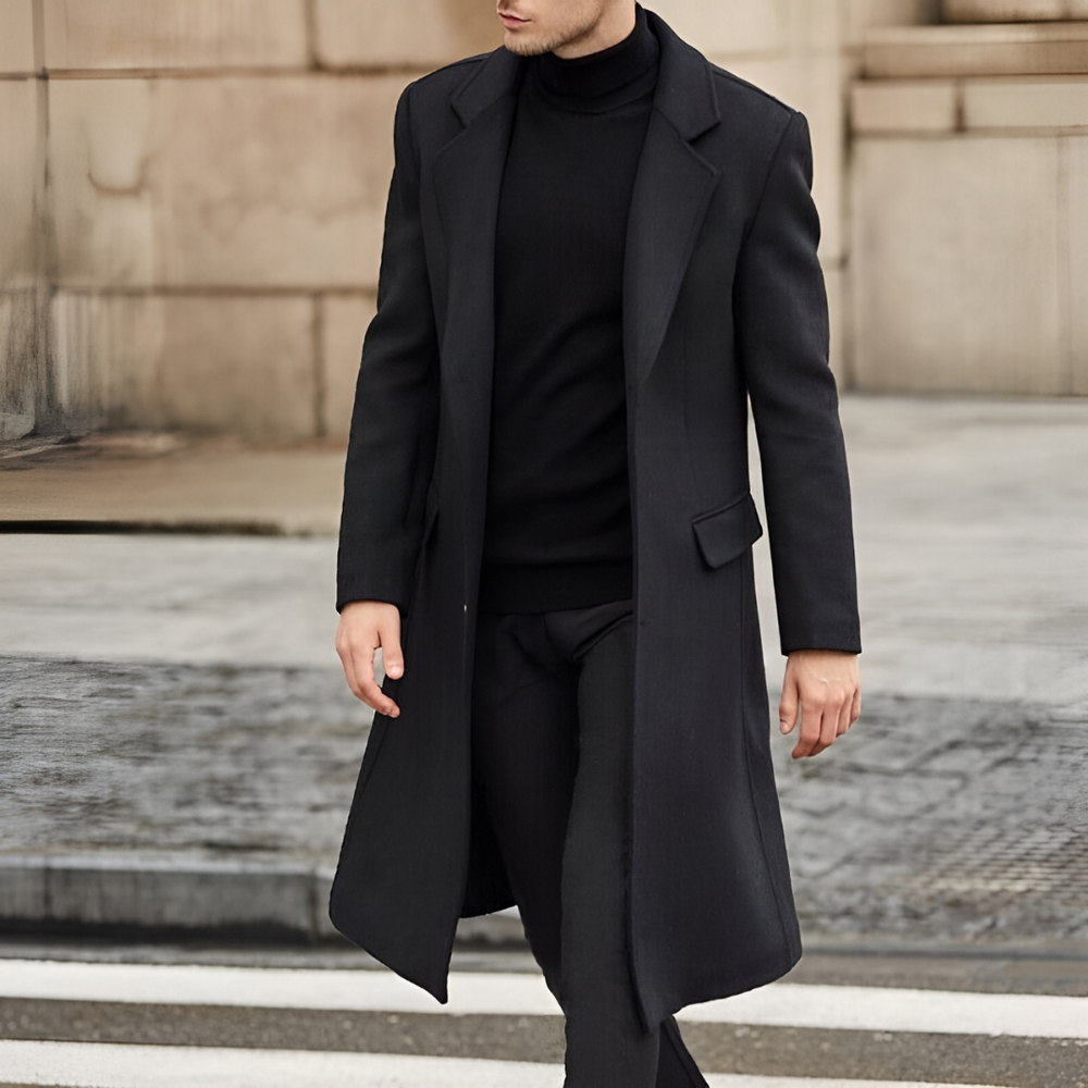 Elegante lange heren overjas in grijs, perfect voor formele gelegenheden of als warme winterjas. Nieuwe collectie.
