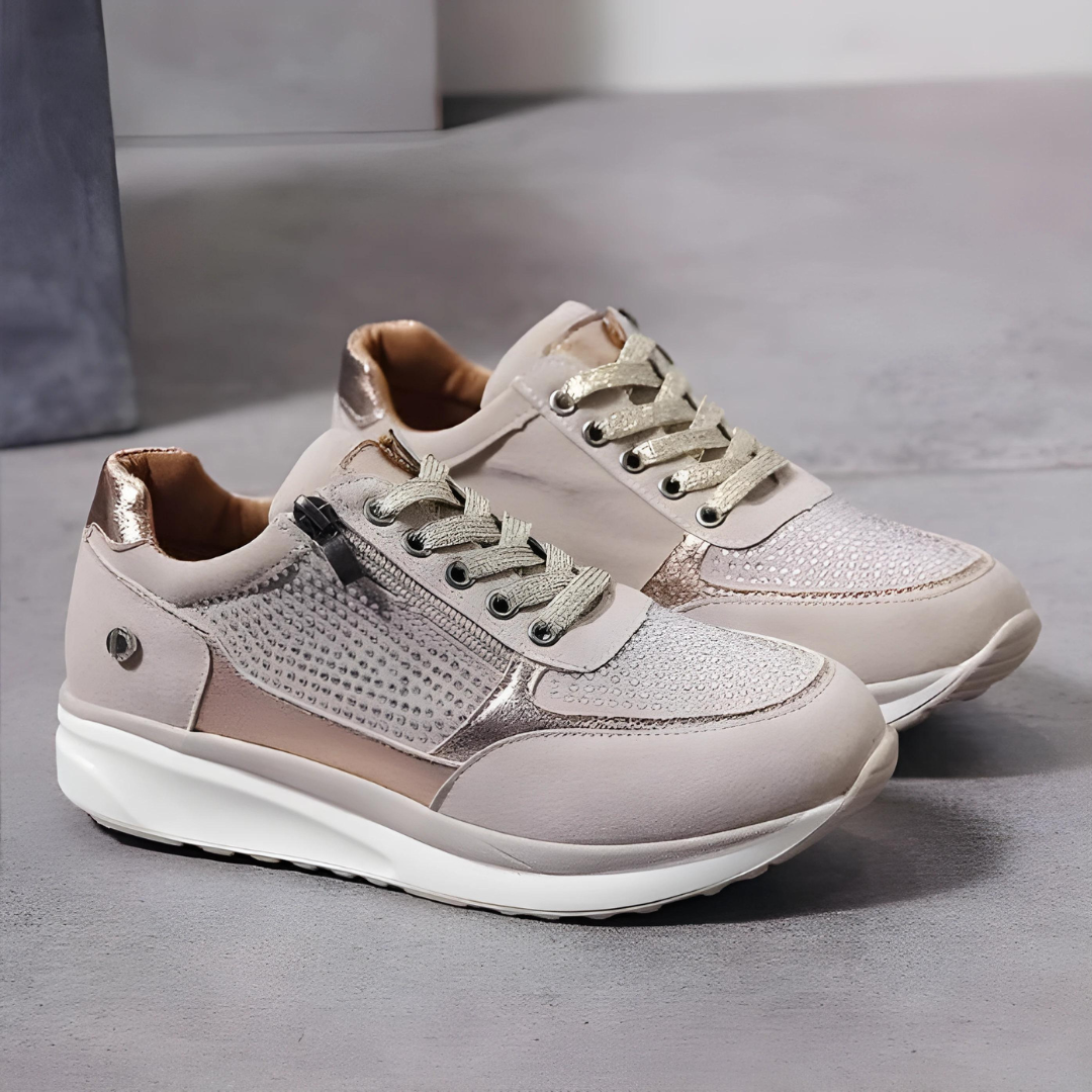 Dames orthopedische sneakers in grijs/blauw, met antislip voor stabiliteit en langdurig loopcomfort.
