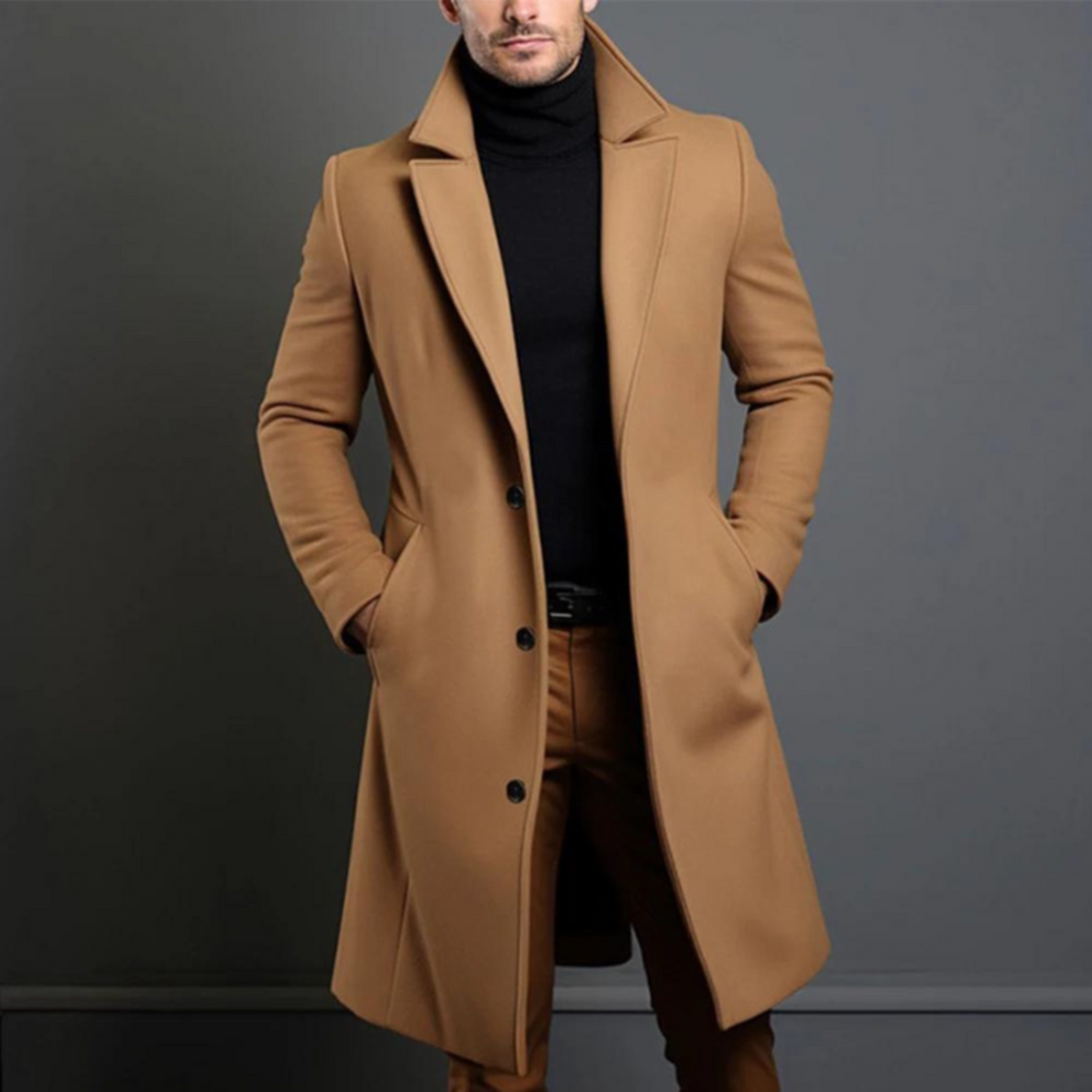 Lange heren winterjas, klassieke trenchcoat. Warme en modieuze bovenkleding voor een elegante heren look.