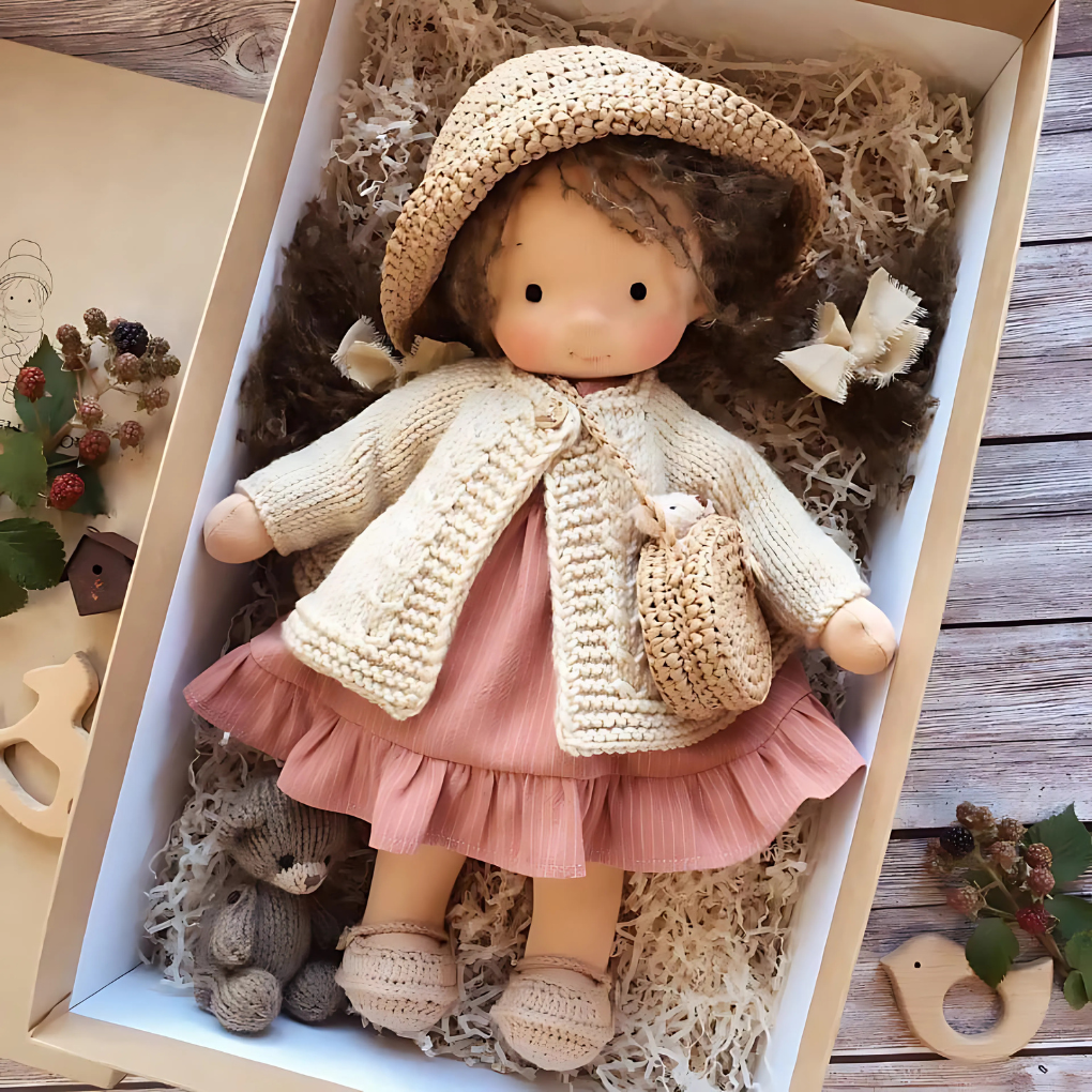 Knuffelbare Waldorf pop van zachte natuurlijke materialen, ideaal voor peuters en kleuters.