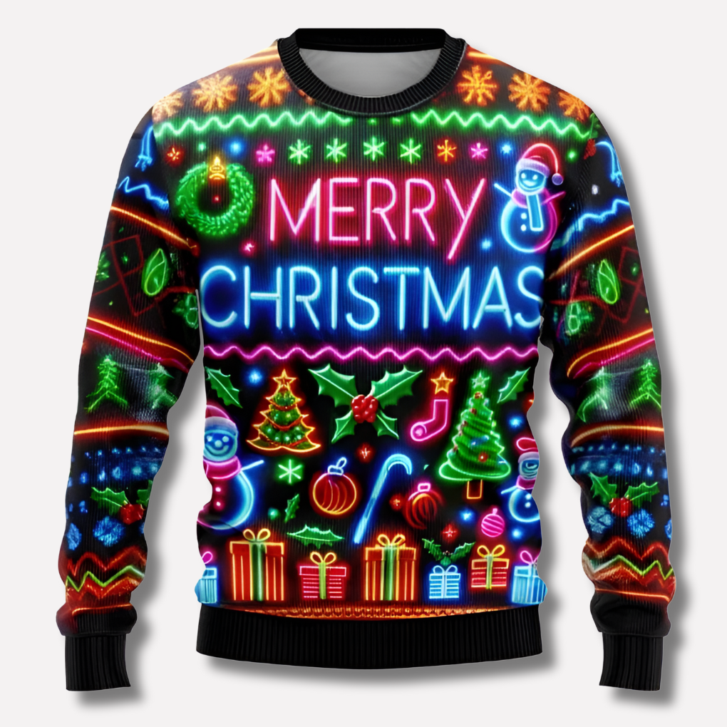 Unisex neon kersttrui met feestelijke rendier en sneeuwvlok opdruk. Comfortabele gebreide sweater voor de winter.