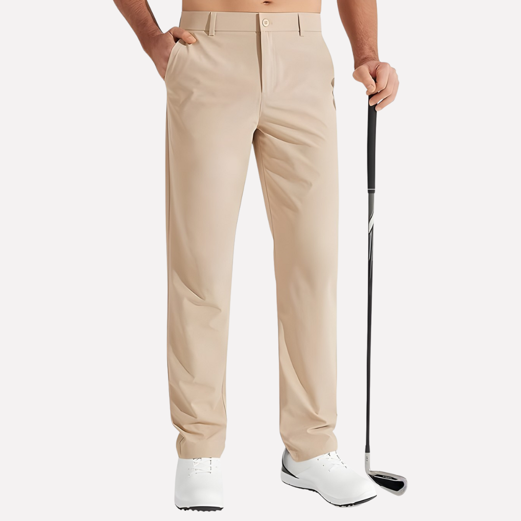 Comfortabele stretch herenbroek in zwart, sneldrogend. Veelzijdig voor golf, kantoor of ontspanning.