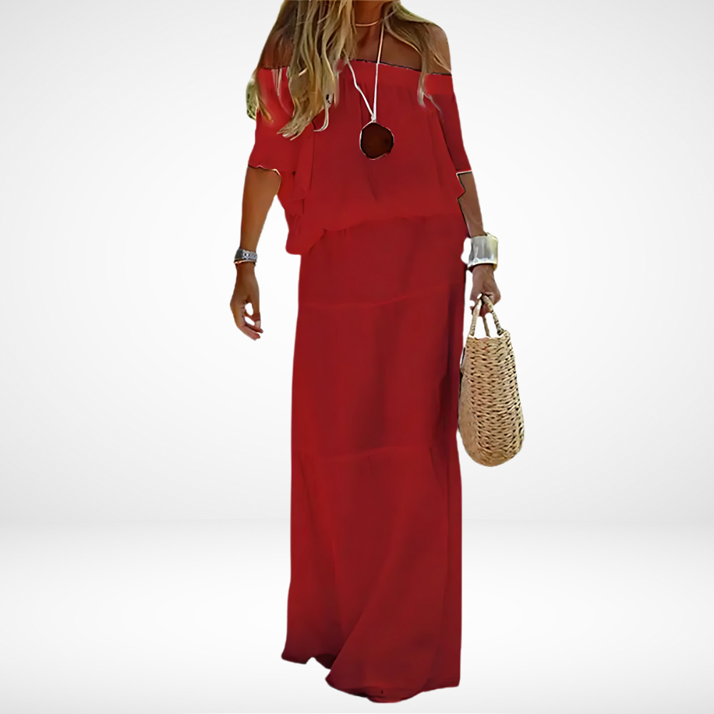 Elegante Hoymans dames maxi strandjurk met off-shoulder design. Luchtige chiffon zomerjurk, perfect voor vakantie.