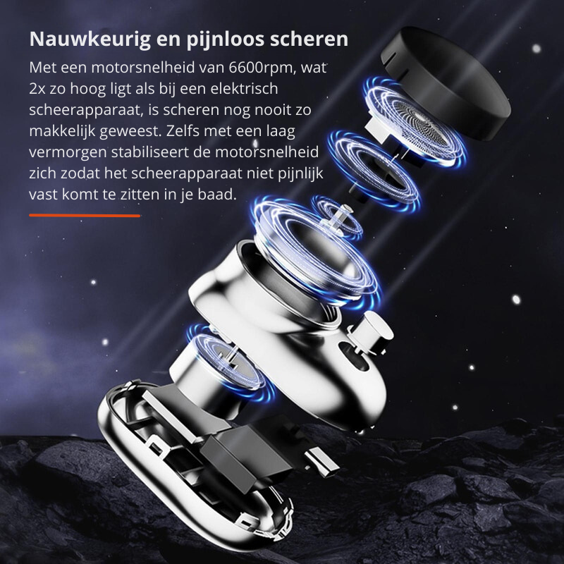 Man scheert baard met draagbaar mini scheerapparaat; perfect voor reizen en snelle touch-ups.