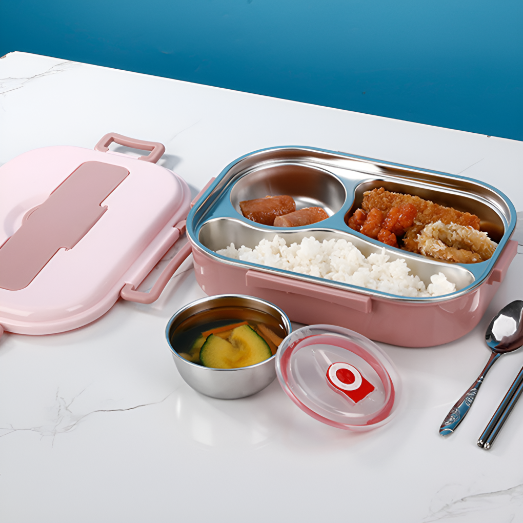 Draagbare thermische lunchbox van roestvrij staal in pastelkleur, ideaal voor warme maaltijden onderweg.