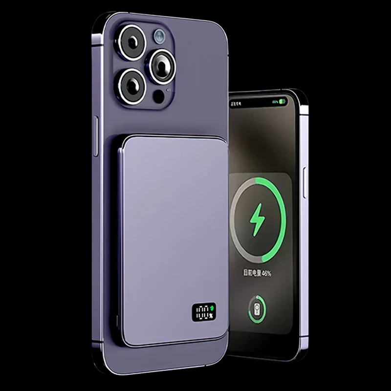 Magnetische draadloze powerbank met LED display. Veilige, ultradunne oplader voor je smartphone.