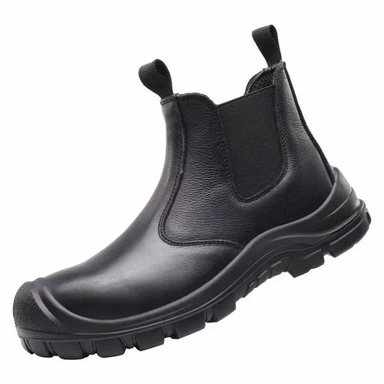 Robuuste zwarte heren veiligheidslaarzen met orthopedisch comfort, antislip en bescherming voor industriële omgevingen.