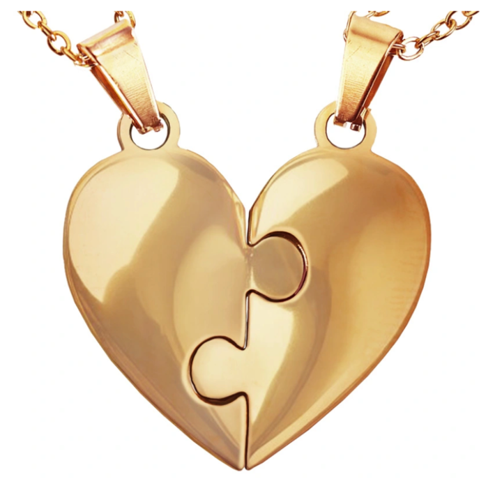 Roségouden familieketting met puzzelstukjes, uniek en gepersonaliseerd.