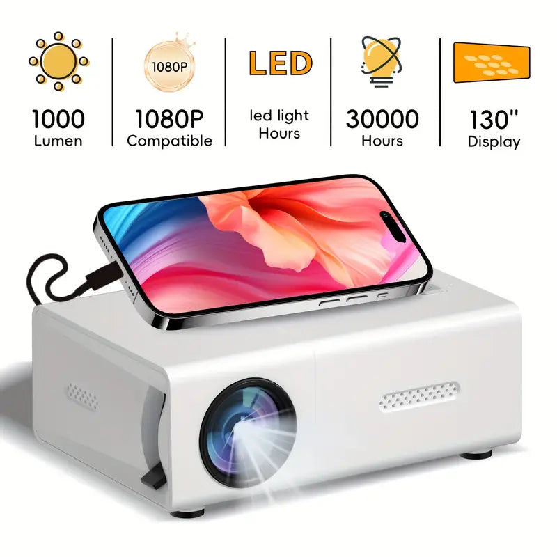 Universele mini beamer HD 720P, draagbare projector voor thuisbioscoop en kantoor, compact en krachtig.