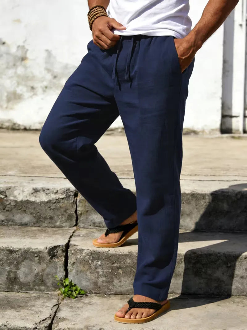 Beige heren linnen broek, rechte pijp, elastische tailleband. Ademend en stijlvol voor de zomer.