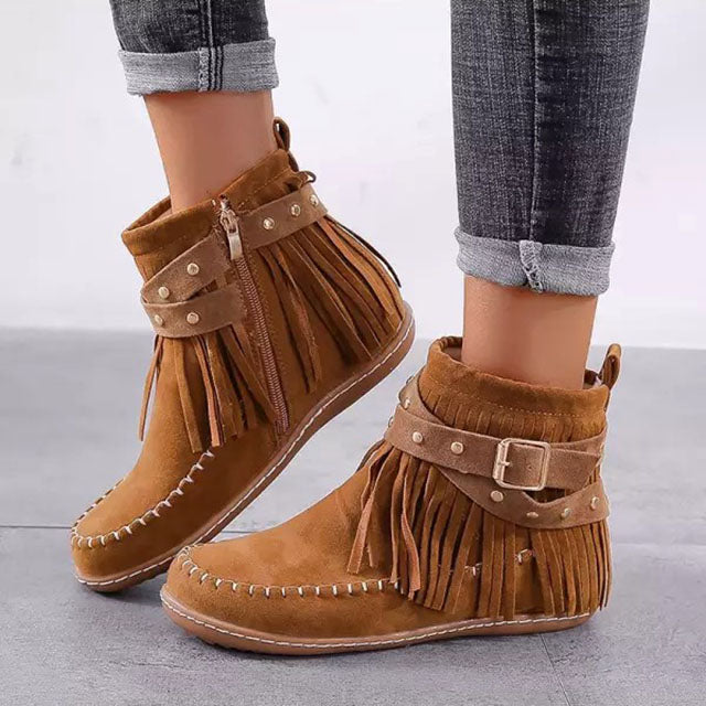 Dames vintage warme laarzen Mira met stijlvolle franjes; perfect voor comfort in herfst en winter.