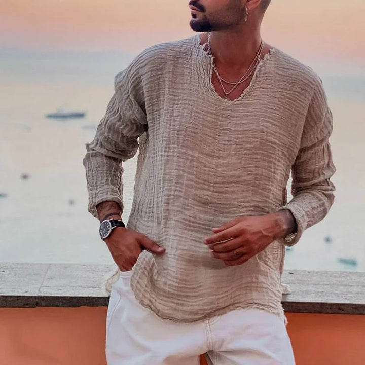 Effen heren V-hals shirt, zomers en veelzijdig. Biedt ademend comfort en een stijlvolle, ontspannen look.