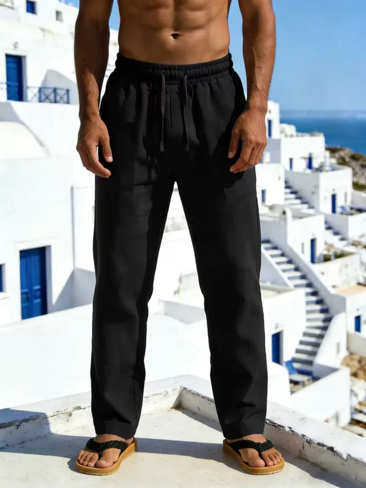 Lichtgewicht linnen herenbroek met elastische taille, rechte pijp. Comfortabele zomerbroek.