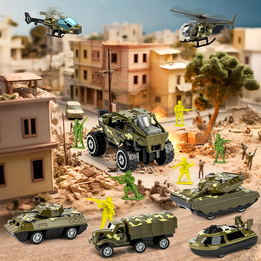 Kinderen ontdekken de 14-in-1 militaire speelgoedset, inclusief robuuste vrachtwagen en gedetailleerde tanks.