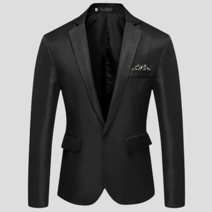 Dichte opname van de moderne herenblazer. Hoogwaardig mannen jasje met verfijnde stof voor zakelijk of casual gebruik.