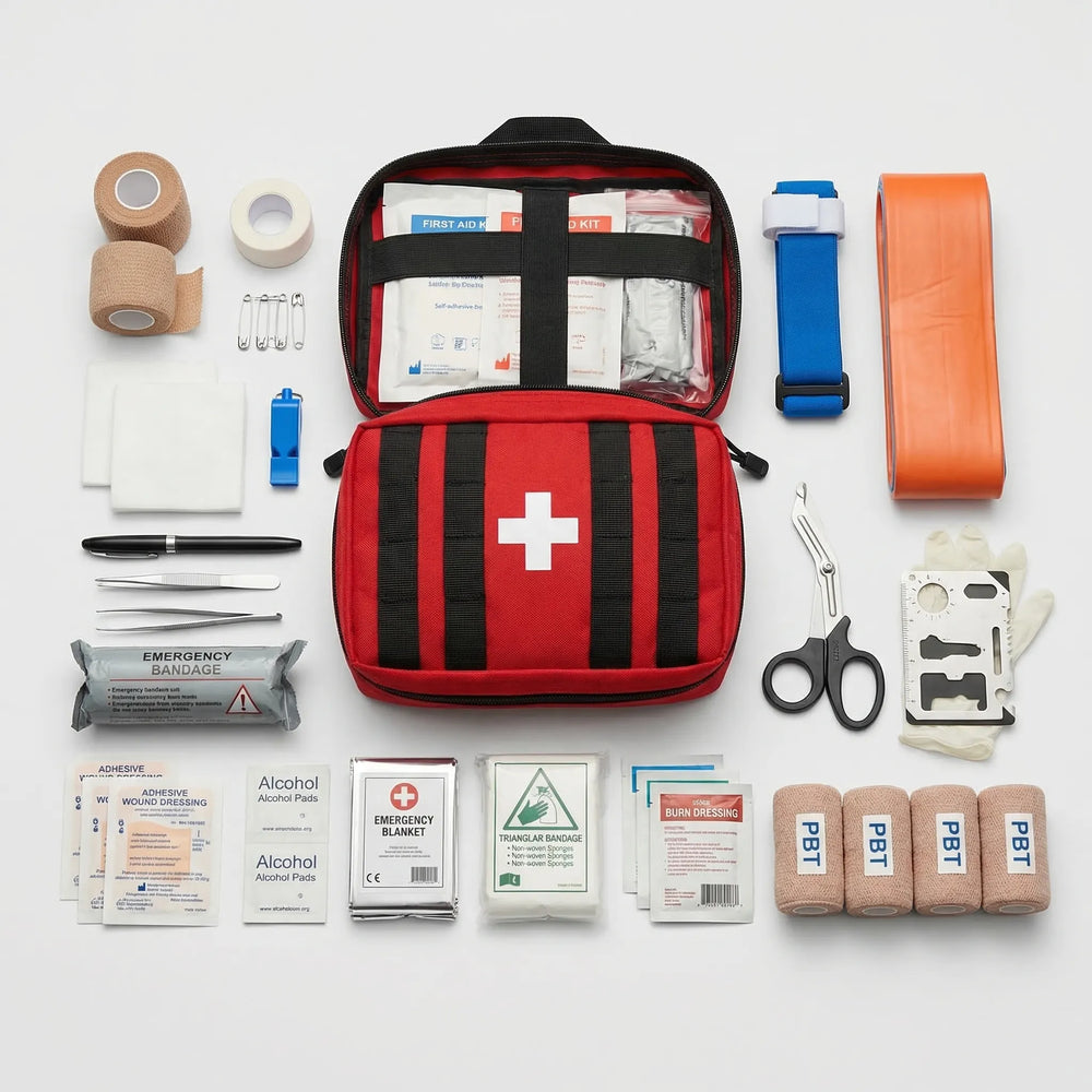 Compacte EHBO-set met verbandmiddelen en noodhulpbenodigdheden, ideaal voor survival en veiligheid.