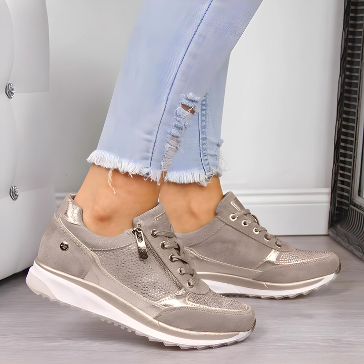 Khaki orthopedische dames sneakers, casual stijl met superieur comfort en actieve balans ondersteuning.