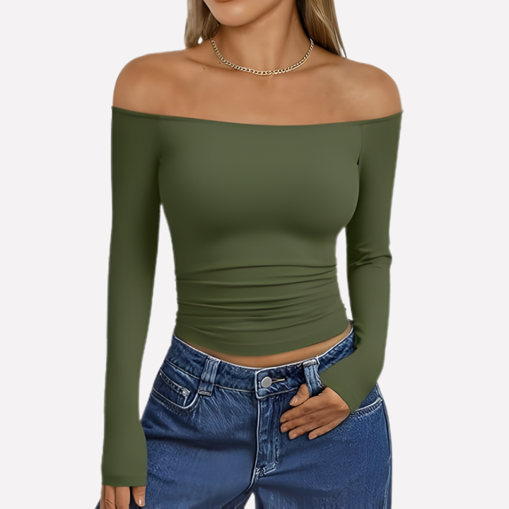 Stijlvolle off-shoulder blouse voor dames, lange mouwen en flatterende pasvorm, modieus en veelzijdig.