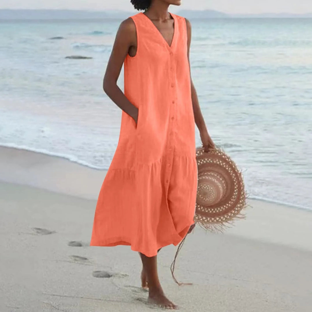 Comfortabele en elegante dames V-hals zomerjurk van Elara. Losvallend design, perfect voor warme lentedagen.