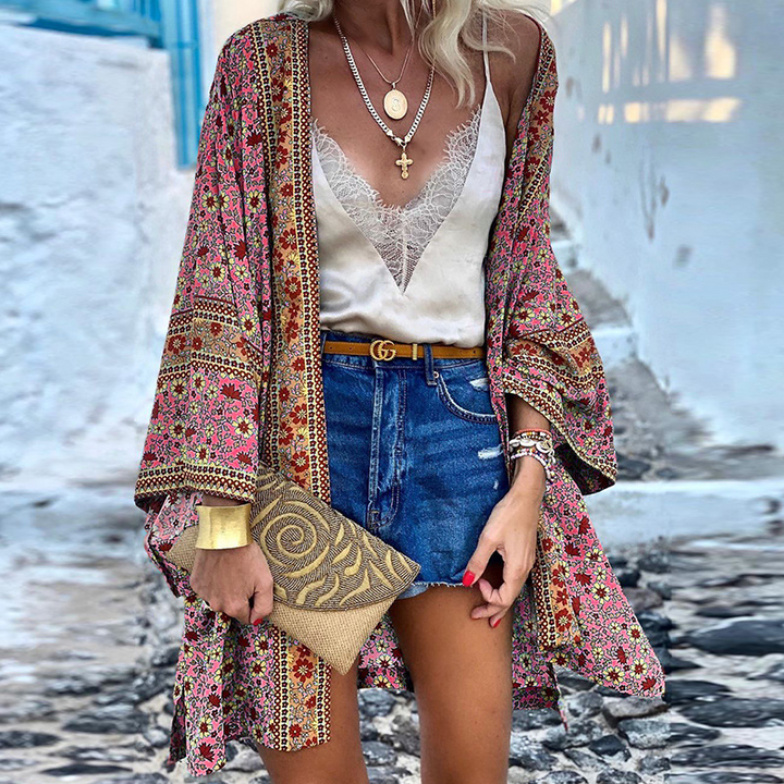Dames lange mouwen boho kimono cardigan, een luchtig midi vest met unieke vrolijke print voor dameskleding.