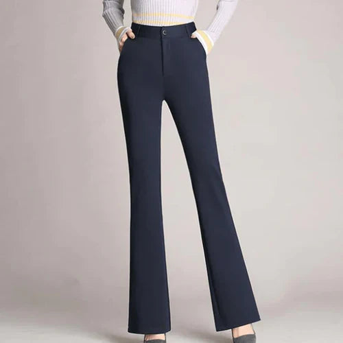 Comfortabele pull-on dames high waist broek met uitlopende pijpen, perfecte stretch voor elke dag.