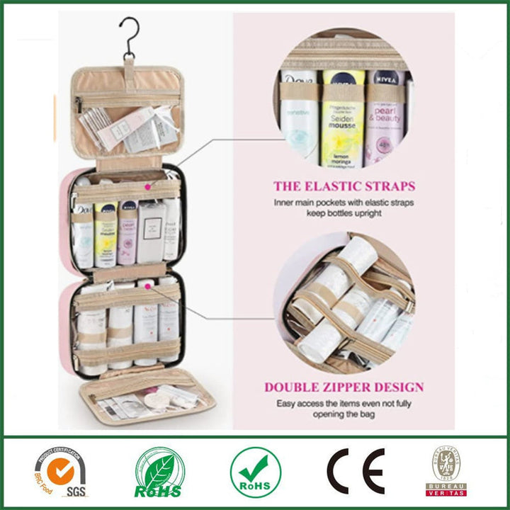 Geopende SANDSBERGORIGINALS reistoilettas: ruime organizer met diverse vakken en ritsen voor al je cosmetica.