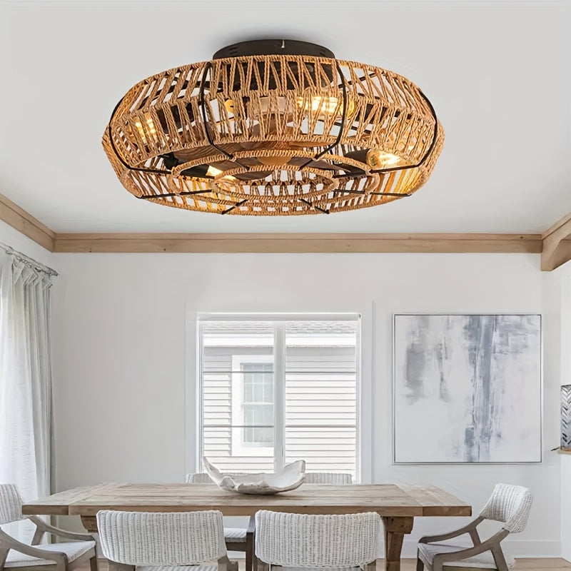 Zen-stijl plafondventilator met handgeweven rotan voor een rustgevend interieur; combineert design en verkoeling.