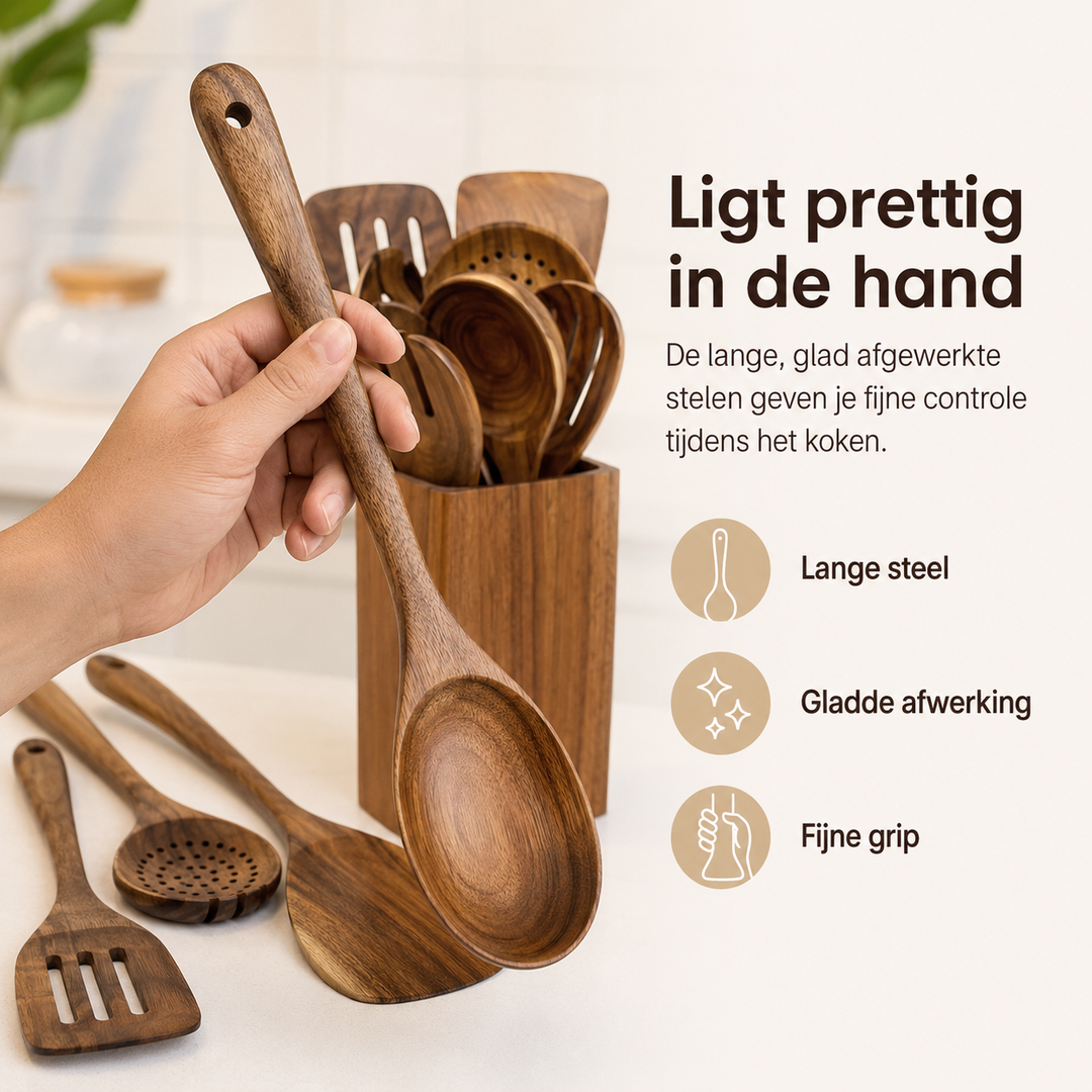 Praktische 8-delige keukenset van acaciahout. Essentiële keukenaccessoires voor moeiteloos koken en serveren.