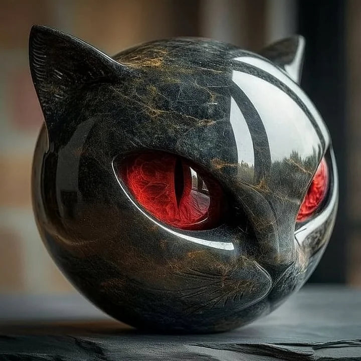 Minimalistische NoirCat design object, reflecterende zwarte kattenkop voor een modern bureau.