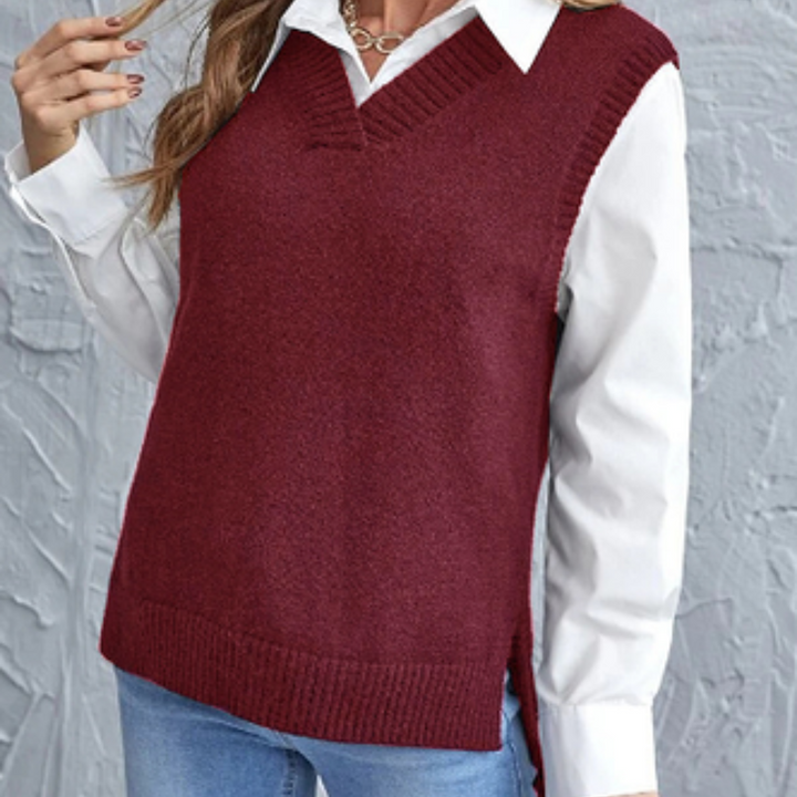 Comfortabele gebreide spencer voor dames, model Faye, met V-hals; ideaal voor een stijlvolle laagjeslook.