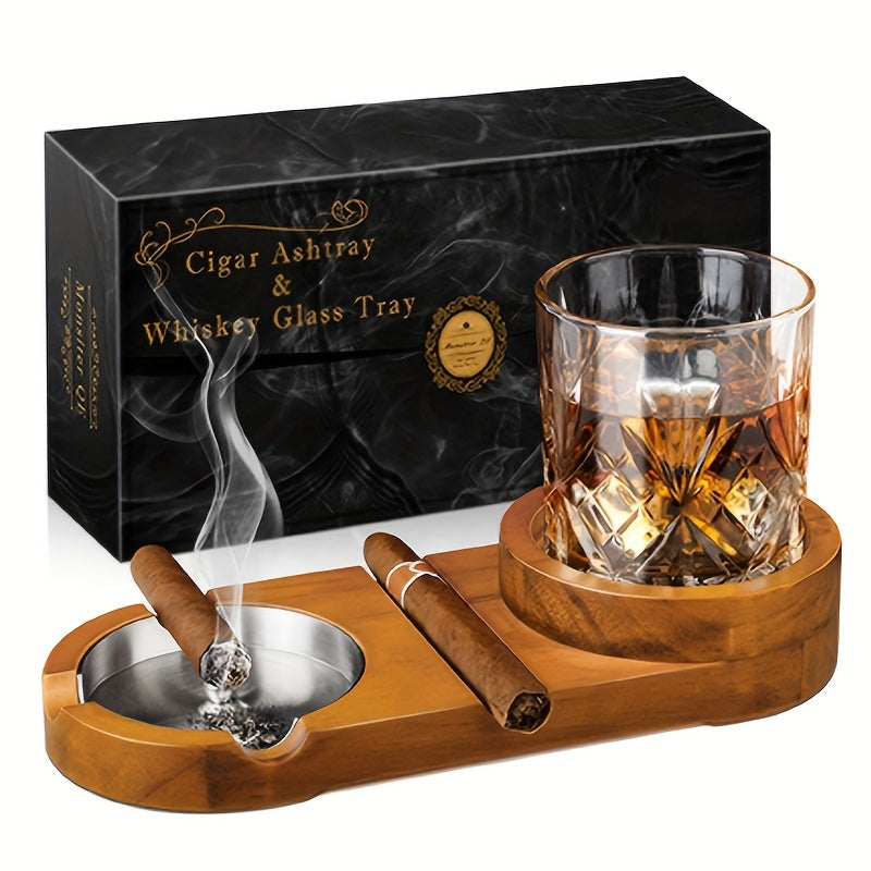 Creatieve sigaren asbak geïntegreerd in luxe houten whiskyschaal. Ideaal voor sigarenliefhebbers.
