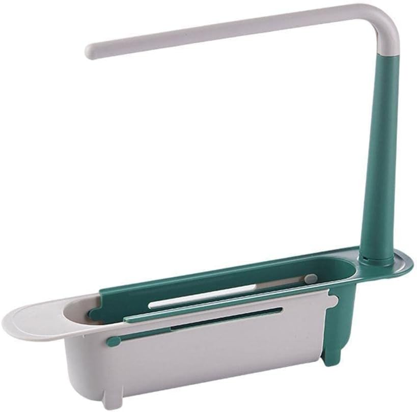 Praktisch plastic keukenrek, perfect voor organisatie bij de spoelbak. Met handdoekhouder en ruimte voor afwasbenodigdheden.
