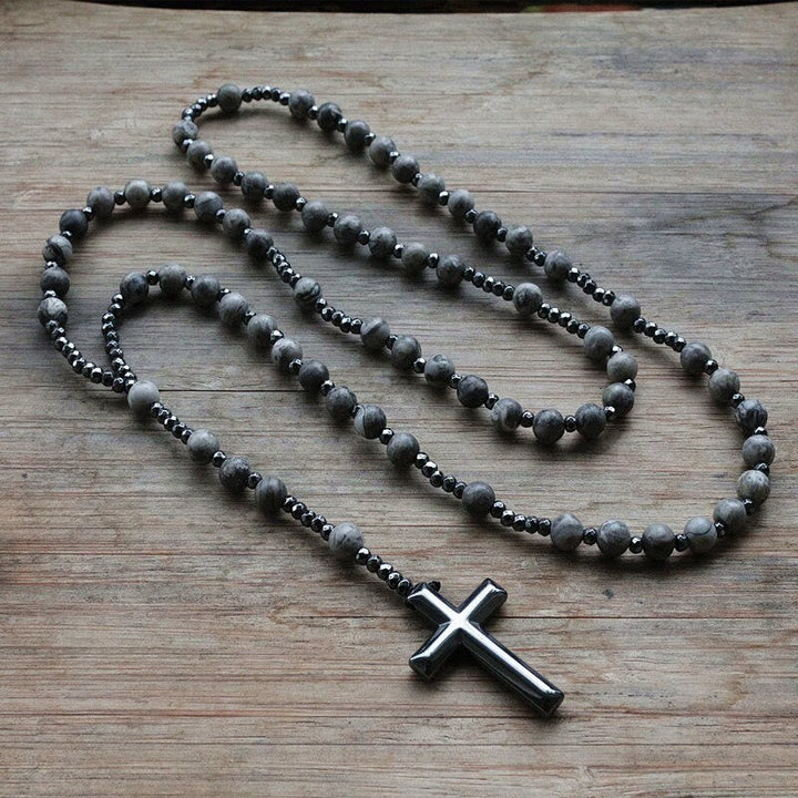 Zwart-blauwe mannen rozenkrans ketting, tijgeroog & lapis lazuli kralen met een kruis. Stijlvol sieraad.
