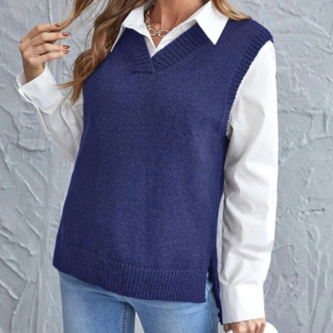 Elegante mouwloze dames pullover met V-hals, gebreid voor comfort; perfecte kleding voor mode.