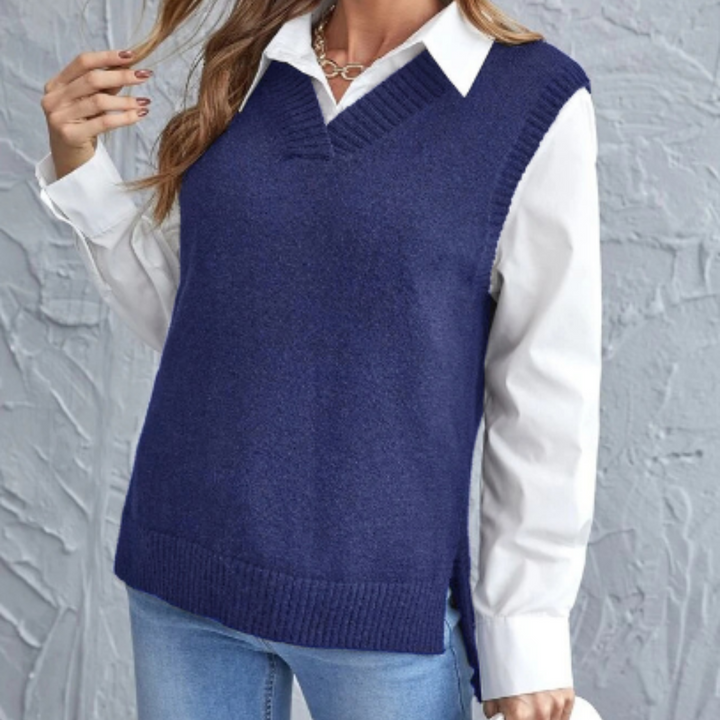 Elegante mouwloze dames pullover met V-hals, gebreid voor comfort; perfecte kleding voor mode.