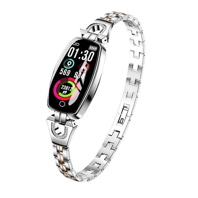 Elegante zilveren waterdichte fitness armband voor dames, smartwatch voor welzijn en fitness tracking.