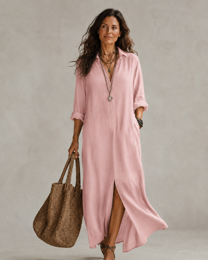 Casual en elegante dames midi jurk met V-hals en A-lijn pasvorm. Veelzijdige polyester jurk met driekwartmouwen.