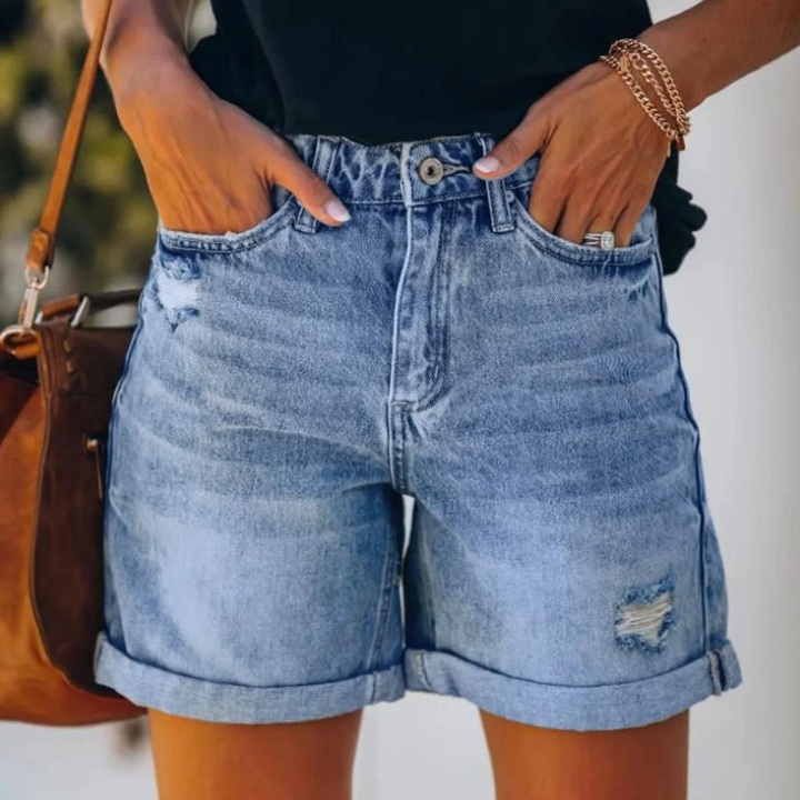 Dames stretch korte spijkerbroek. Comfortabele zomerbroek met flexibele pasvorm, ideaal voor casual damesmode.