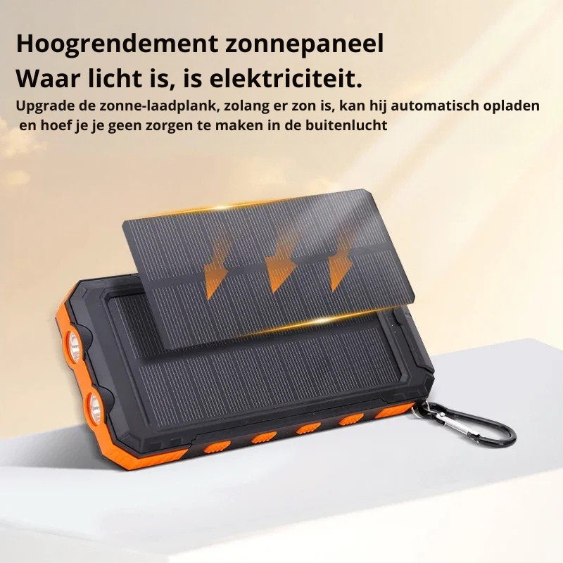 Altijd stroom met deze compacte zonne-energie powerbank; onmisbaar voor reizigers en avonturiers.