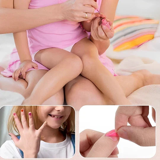 Close-up van kleurrijke kindermake-up, penselen en accessoires uit de veilige schminkset voor kinderen.