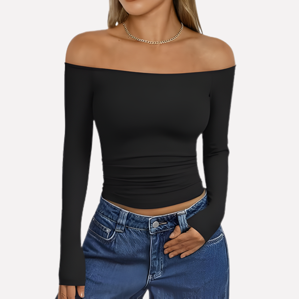 Comfortabele off-shoulder damestop met lange mouwen, elegant voor lente, zomer en herfst outfits.