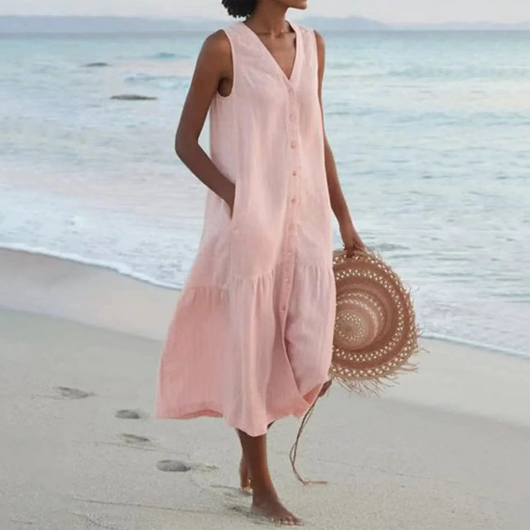 Casual linnen vakantiejurk Elara met V-hals voor dames. Ideaal als strandjurk of elegante zomeroutfit.
