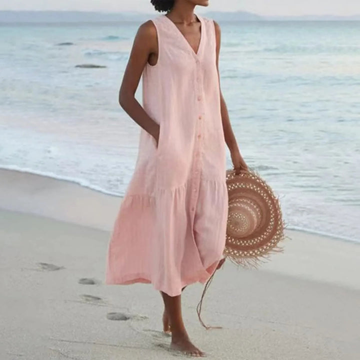 Casual linnen vakantiejurk Elara met V-hals voor dames. Ideaal als strandjurk of elegante zomeroutfit.