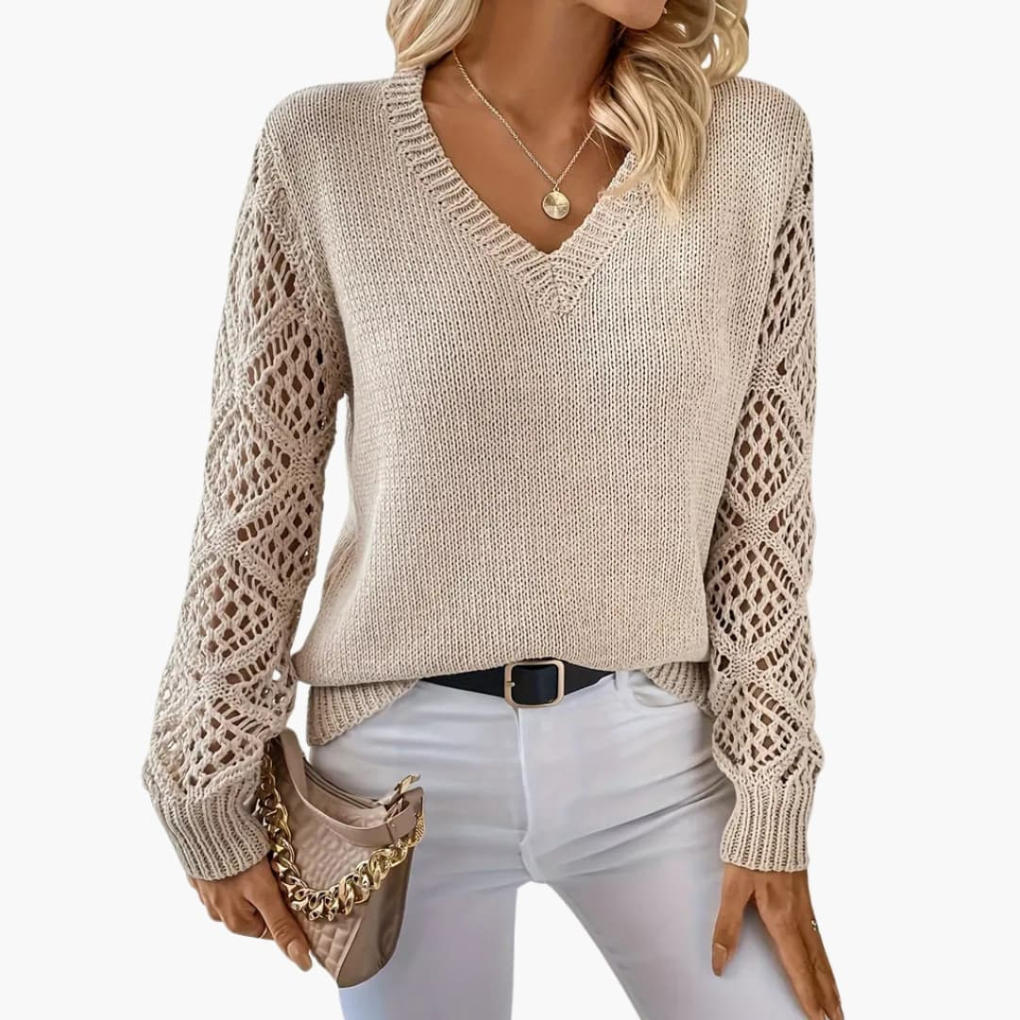 Dames fijn gebreide trui met V-hals en lange mouwen, ideaal voor een casual, stijlvolle look.