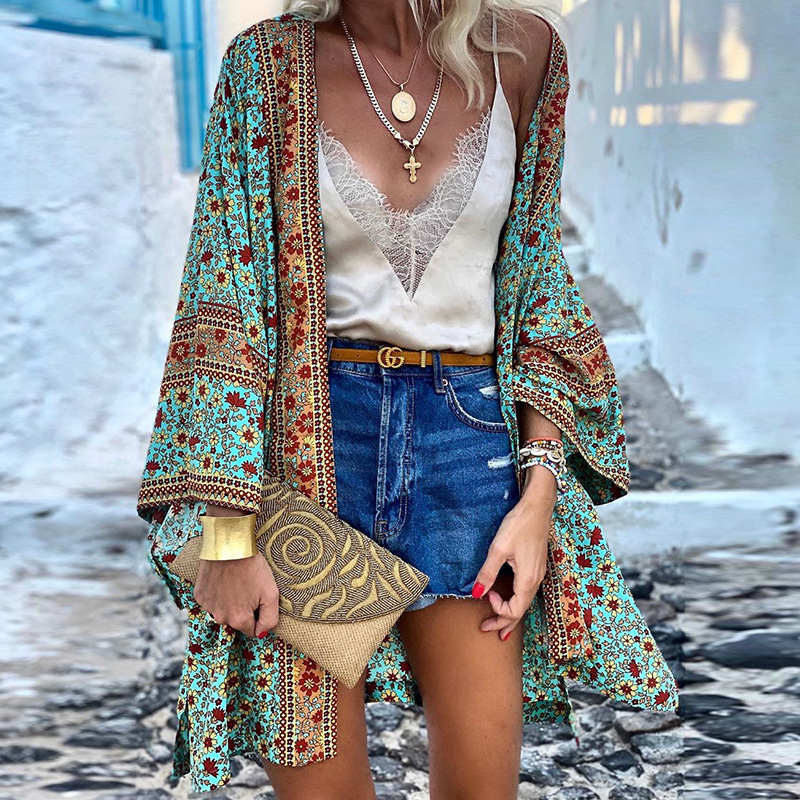 Dames kimono boho cardigan, luchtig midi vest met vrolijke print, ideaal voor zomer en festival.
