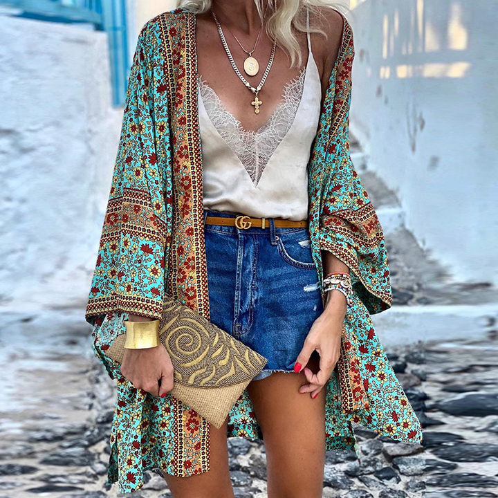 Dames kimono boho cardigan, luchtig midi vest met vrolijke print, ideaal voor zomer en festival.