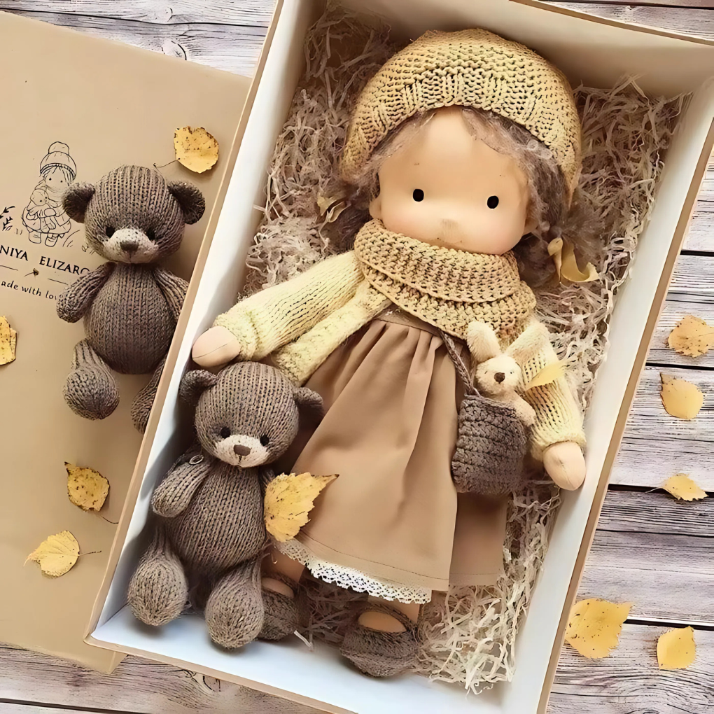 Kind knuffelt met zachte Waldorf pop, stimuleert creatief spel en verbeeldingskracht.